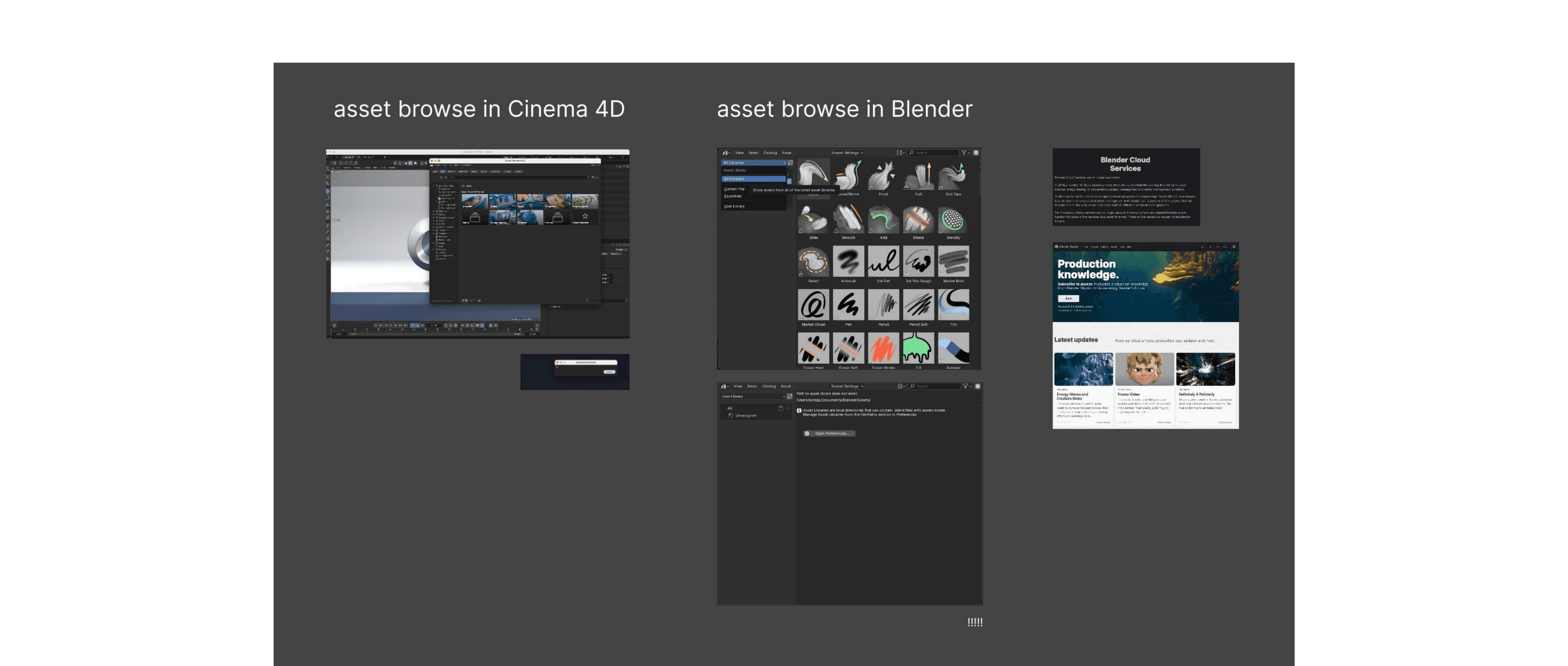 Knowledge gathering of external tools showing asset browsing in Cinema 4D and Blender