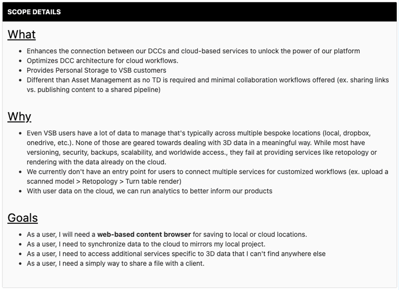 Scope details provided by the Product Manager, outlining the What, Why, and Goals for connecting DCCs to cloud services